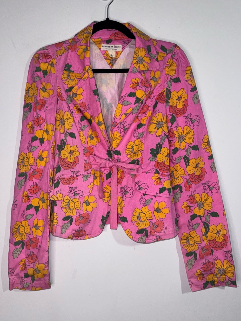 Tommy Jeans Floral Tie Waist Blazer Pink Yellow Cotton Jacket Women’s M
